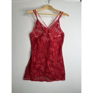 Jolynn Vintage Red Floral Lace Trim Satin Lingerie Nightie Slip Dress Fairy Sz M